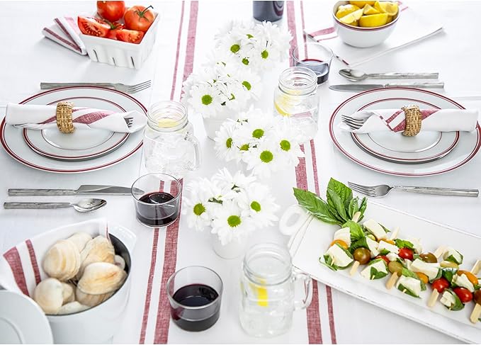 Solino Home French Stripe Linen Napkins Set of 4 - Burgundy and White 100% Pure Linen Cloth Dinner Napkins 20 x 20 Inch for Christmas, Holiday, Winter, New Year