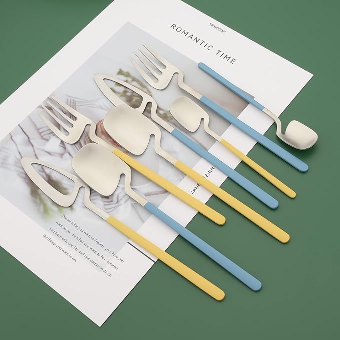 Brushed Flatware Set for 8, Uniturcky 32-Piece Matte Silverware Set with Colored Handles, 18/10 Stainless Steel Dinnerware Tableware Set, Eating Utensils for Party/Wedding/Home, Yellow Handle