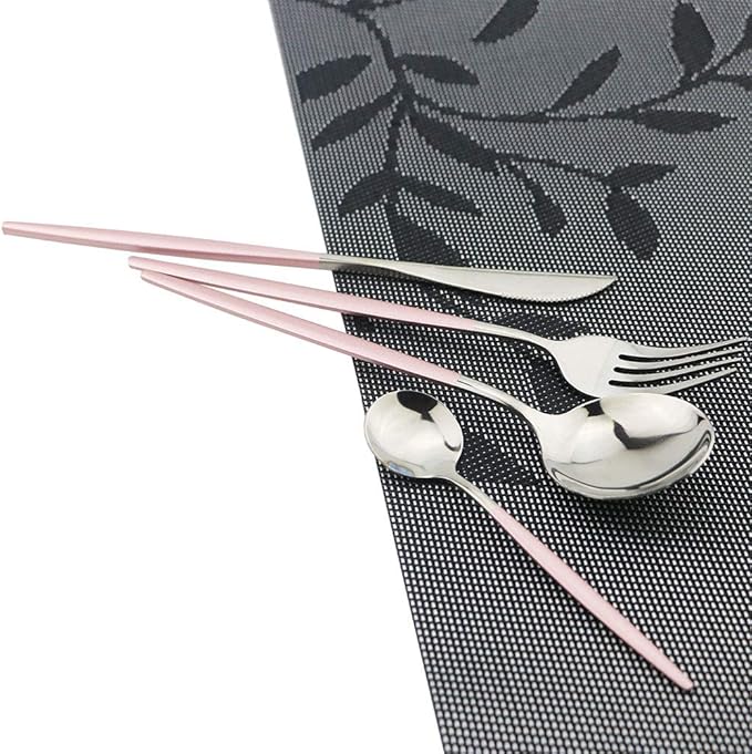 JASHII 24pc Titanium Pink Plated Stainless Steel Flatware Set, Pink Handle Silver Mouth Cutlery Service for 6