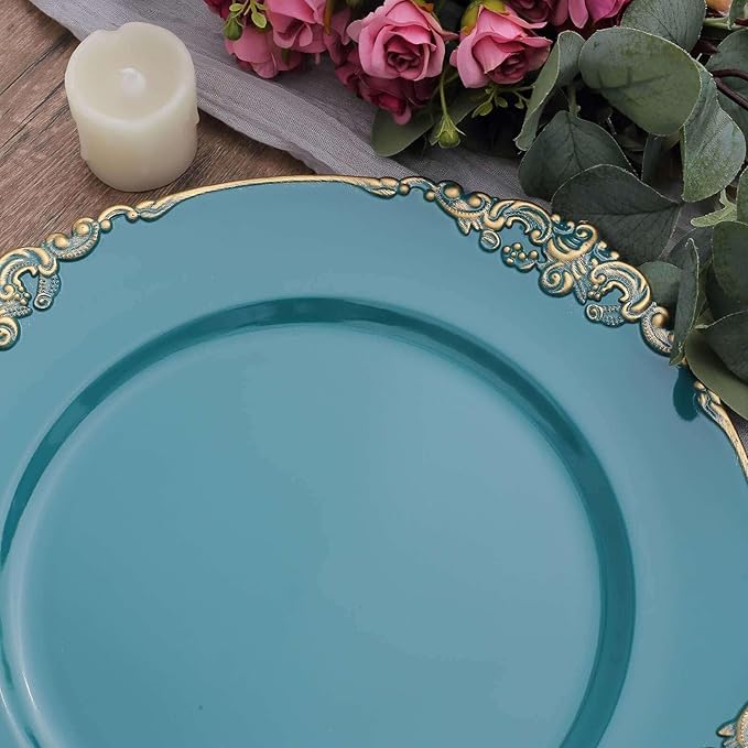 13" Charger Plates -Set of 24 - Acrylic Teal Round Baroque Disposable Chargers Leaf Embossed Rim, Ideal for Dinner Party Wedding Bulk Events