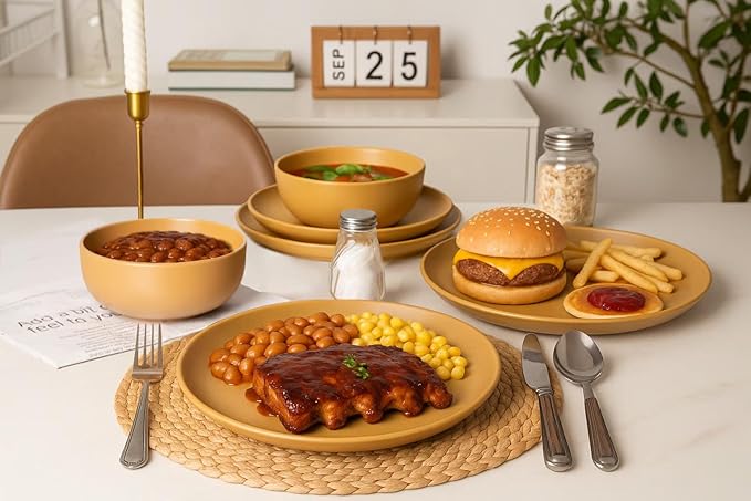 12-Piece Stoneware Dinnerware Set with Mugs | Microwave and Dishwasher Friendly | Stackable Matte Glaze Plates & Bowls | Service for 3 (Orange for 4)