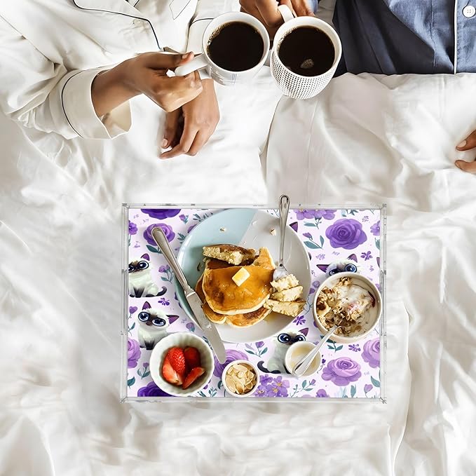 Serving Tray with Handles Clear Acrylic Tray 12x16 Inch Decorative Rectangular Tray Organizer for Ottoman Coffee Table Bathroom Purple Floral Cute Cats