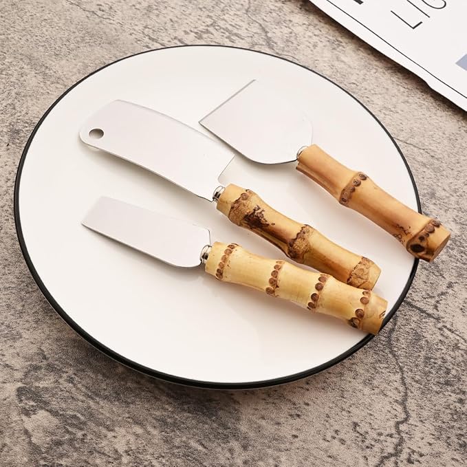 6-Piece Bamboo Silverware Set, Stainless Steel Flatware Hostess Serving Set Bamboo Utensils Tableware Set for Home Camping Travel Hotel - 6pcs Cheese Knife