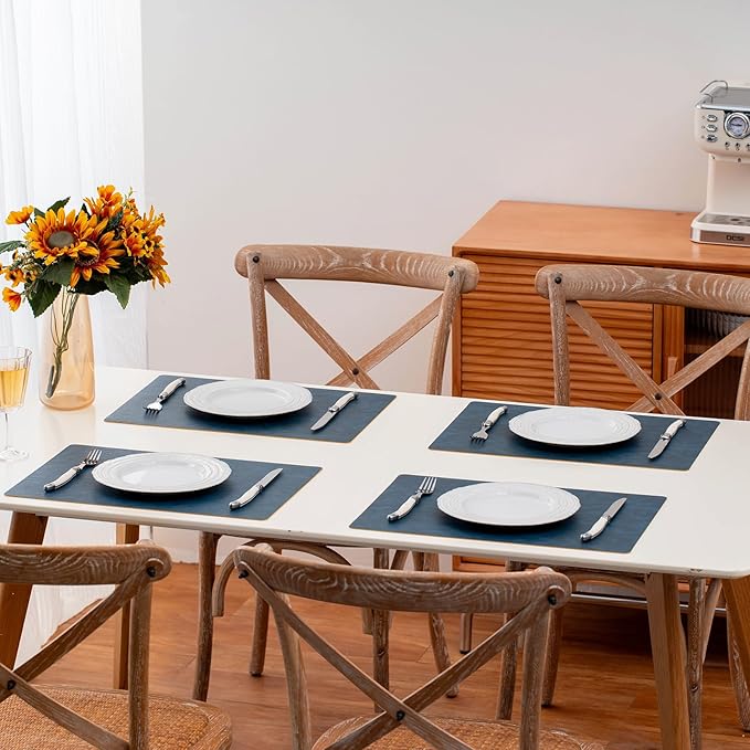 Placemats Set of 4 Reversible Dual-Color Table Placemats, Faux Leather 100% Waterproof Oil-Proof Wipeable Place Mats, Heat Resistant Dual Sided Table Mats for Kitchen/Dining/Party (Blue&Yellow