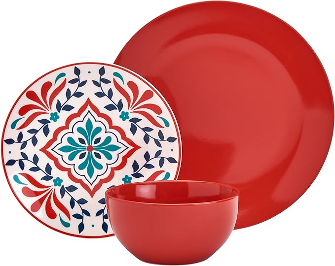 Tabletops Gallery 12-Piece Camila Patterned Ceramic Dinnerware Set of Kitchen Dishes, Dinner Plates, Cereal Bowls, Service for 4, Red