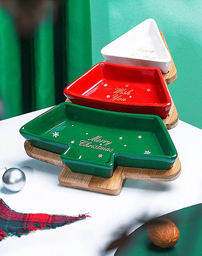 Colorful 10.8 Inches Snack Appetizer Trays Set, Christmas Tree Dessert Serving Dishes, Snack Platter, 3 pcs Removable Porcelain Plates with Bamboo Tree Tray