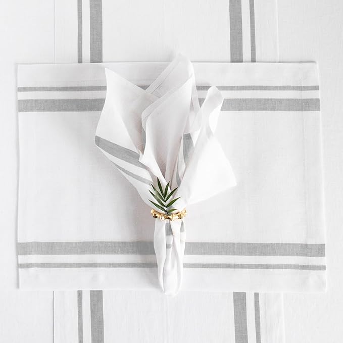Solino Home Linen Dinner Napkins 20 x 20 Inch - 100% Pure Linen French Stripe Grey and White Napkins Set of 4 for Winter