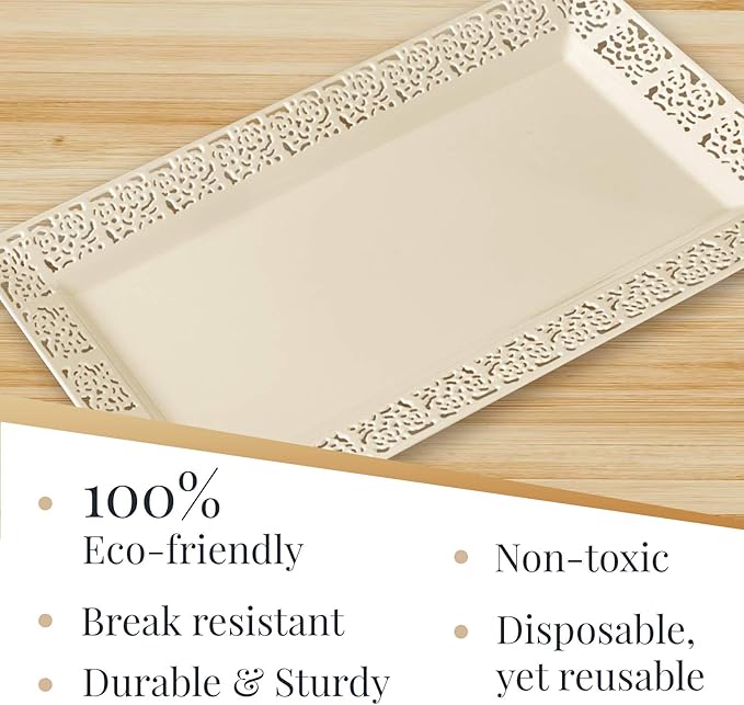 SILVER SPOONS Elegant Lace Plastic Serving Trays (6 PC), Disposable Plastic Trays and Platters for Party - 14” x 7.5”, Serves Snacks, Desserts, Sweets, Perfect for celebrations & events - Ivory