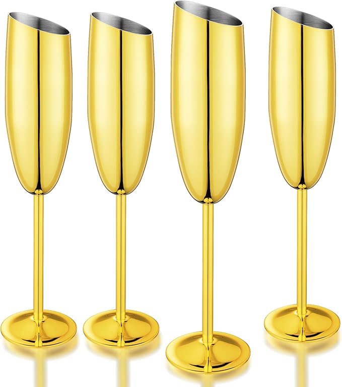 Champagne Flutes Set of 4, Premiumty Stainless Steel High Footed Champagne Glasses, 7oz Capacity,Unbreakable Slanted Champagne Glasses