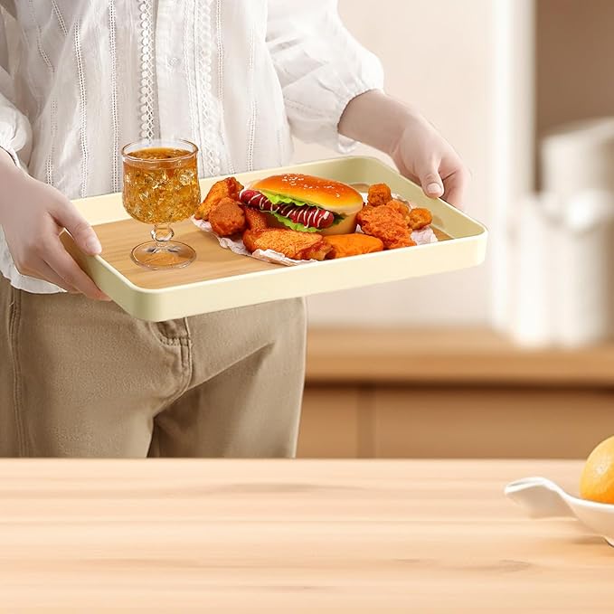 2 Pack Beige Plastic Serving Trays, 13.7" x 9" & 11.8" x 7.4" Rectangular Decorative Party Platter Dishes, Reusable Minimalist Tray Decor for Coffee Table Food Fruit Snack Dessert (Beige)