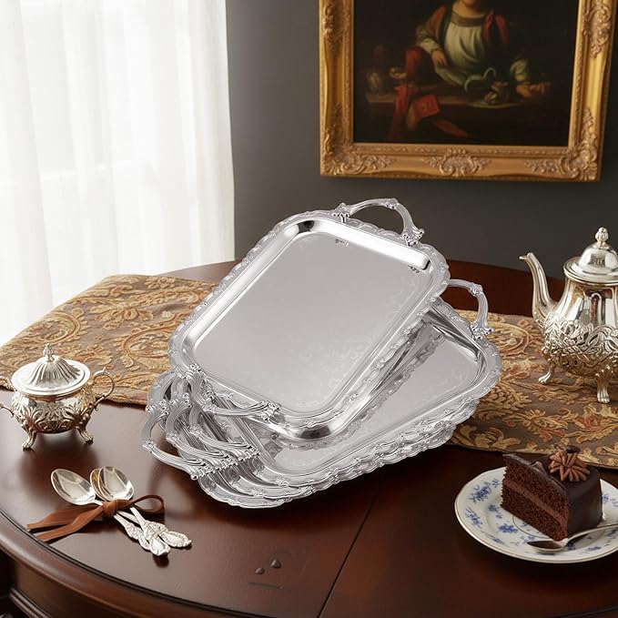 4 Pcs Silver Serving Tray with Handles Elegant Victoria Floral Engraved Metal Platters Large Decorative Trays for Buffet,Wedding Party, Jewelry Display, Service(Classic,Sliver)