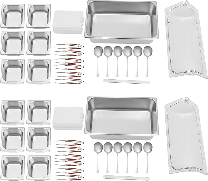 2Pcs 6 Pans Ice Food Serving Display Container w/Clear Roll Top Cover, Stainless Steel Serving Tray Catering Supplies Buffet Display Condiment Dispenser Plate Case for Restaurant Hotel Kitchen