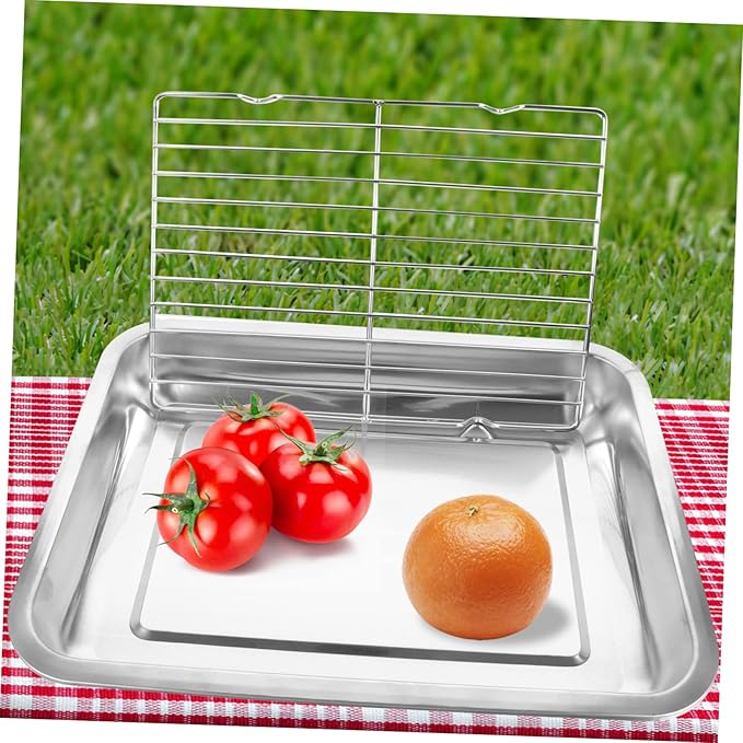 Yardwe Stainless Steel Grilled Food Serving Tray for BBQ Oil Draining Snack Dish Rectangular Multi-Function Frying Food Plate for Parties and Gatherings