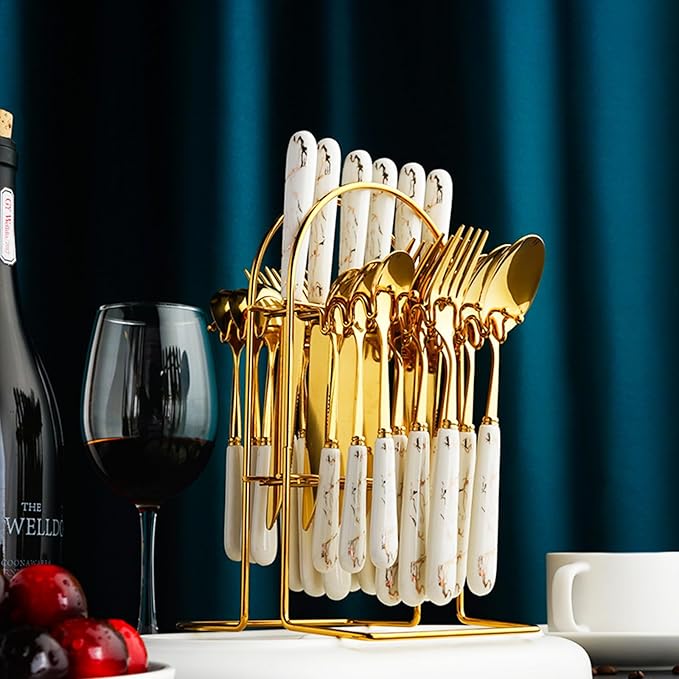 24 Pieces Flatware Set, Stainless Steel Cutlery Set with Silverware Holder, Modern Gold Silverware Set Includes Dinner Knives Forks Spoons,Hanging Silverware Set Service for 6 (White Gold)