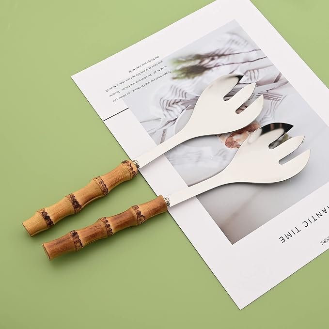 Serving Fork Set of 4 - Silver Stainless Steel Platters Forks - 10.0 inch Large Salad Forks with Natural Bamboo Handle - Use for Buffet/Banquet/Home/Kitchen/Party