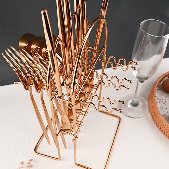 JASHII 24-Piece Stainless Steel Flat Flatware Set for 6, Fork Spoon Knife Set Eating Utensils Tableware with Holder for Kitchens Home and Restaurant, Dishwasher Safe - Rose Gold