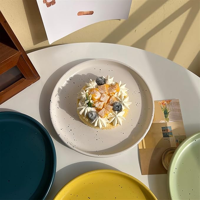 Dessert Plates Ink Dot Pattern Dining Plate Simple Ceramic Household Kitchen Restaurant Round Vintage Dessert Fruit Tray Dinner Tableware(C)