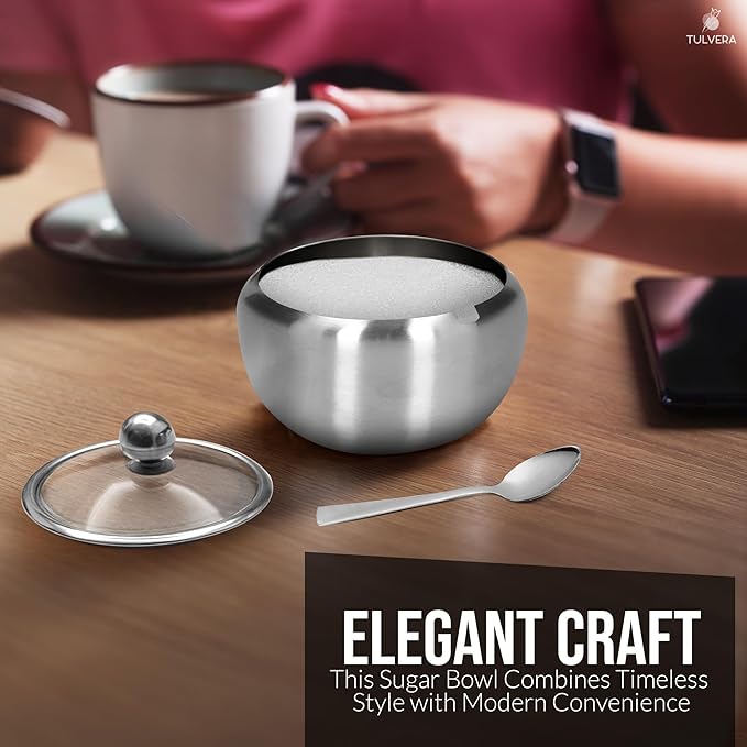 Sugar Bowl with Lid and Spoon | 12oz Sugar Container for Coffee Bar | Stainless Steel Holder Jar for Salt, Tea, Candy, Sugar Cube, Brown Sugar, Ghee | Kitchen Countertop Storage Accessories | 350ml