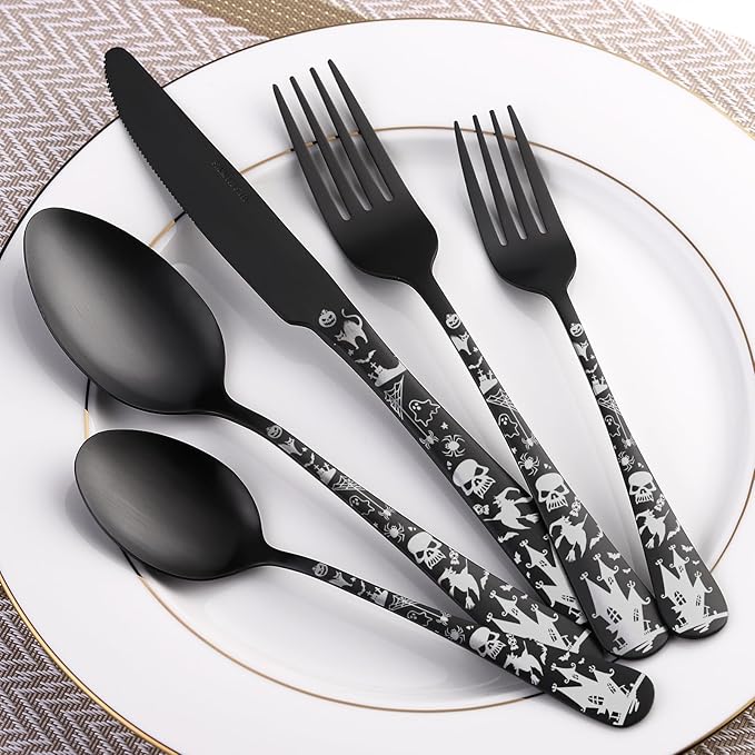 Skull Silverware Set SANLUNS 40 Piece Matte Black Unique Flatware Set for 8,Stainless Steel Fine Dining Utensils Spoons,Forks,Knife Pattern Tableware Durable Cutlery Halloween Home Kitchen,Dishwasher