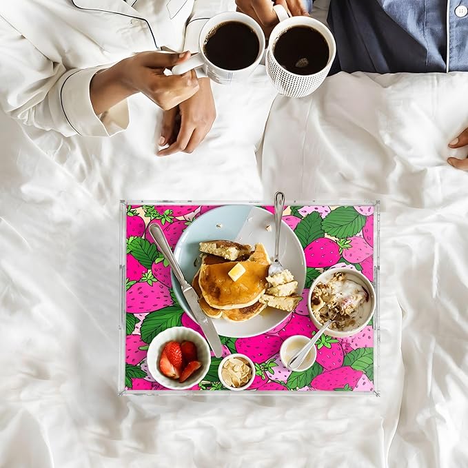 Serving Tray with Handles Clear Acrylic Tray 12x16 Inch Decorative Rectangular Tray Organizer for Ottoman Coffee Table Bathroom Pink Cute Strawberries