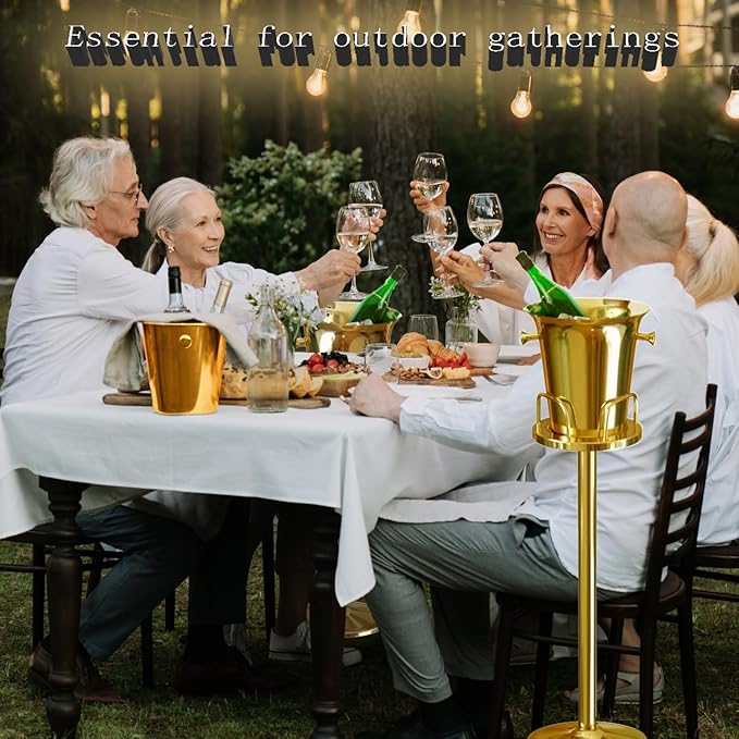 Ice Bucket with Stand Christmas Stainless Steel Standing Bucket Ice Cube Container, Wine Bucket on rack Gold Champagne Ice-Bucket for Wine Beer KTV Club Bar Bbq Party Wedding, 12lb 5L