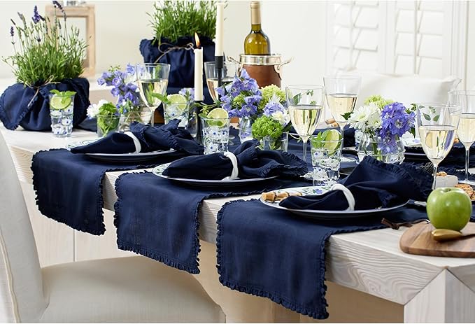 Solino Home Navy Blue Linen Placemats 14 x 19 Inch - 100% Pure Linen Juliette Ruffle Placemats Set of 4 - Handcrafted and Machine Washable Table Mats