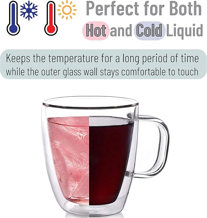 BTaT- Double Walled Glass Coffee Cups, 6 Pack, 12 oz, Espresso Cappuccino Latte Tea Cups with Handle, Microwave Safe Clear Glasses for Hot and Cold Drinks