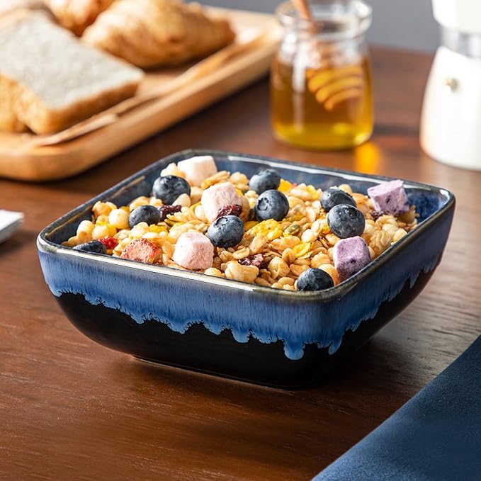 vancasso Stern Blue Dinnerware Set Square Tableware 16 Pieces Kitchen Dinnerware Stoneware Crockery Set with Dinner Plate, Dessert Plate, Bowl and Soup Plate Service for 4