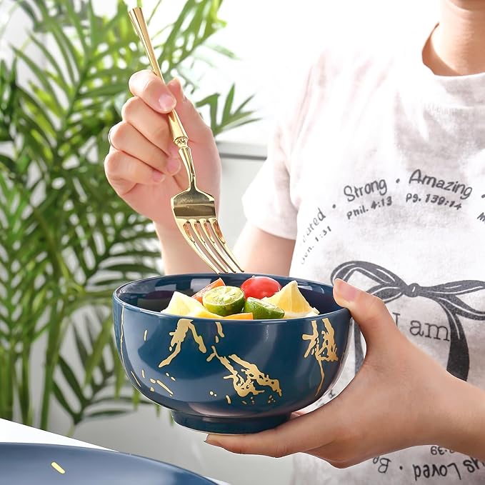 Modern Porcelain 16 Piece Blue Dinnerware Set,Plates and Bowls Sets,Gold Dish Set for 4,Blue Dinnerware Set,Dinner Sets with Dinner Plates.