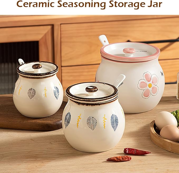 Ceramic Salt and Sugar Bowl, Porcelain Condiment Jars with Lid and Spoon, Seasoning Spice Pot Bowl, Salt Sugar Pepper Storage Jar, 600ml, Leaves