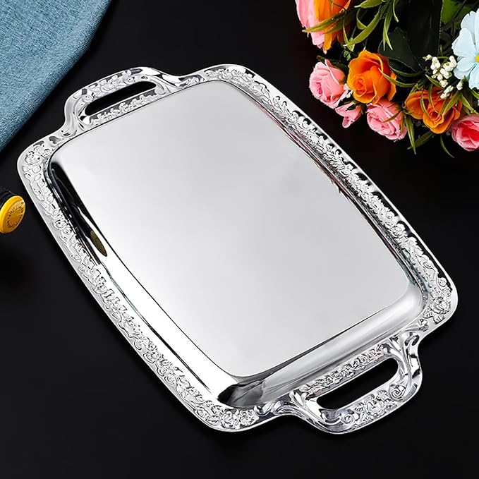 Simple Stainless Steel Tray with Silver Border Tabletop Snack Fruit Tray Rectangular Storage Tray,Silver