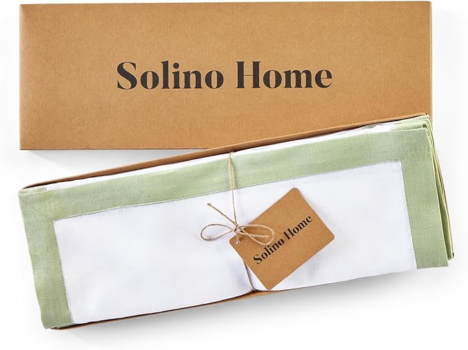Solino Home Linen Placemats Set of 4 - Sage Green and White Placemats 14 x 19 Inch - 100% Pure Linen Table Place Mats for Winter, Christmas - Classic, Handcrafted and Machine Washable