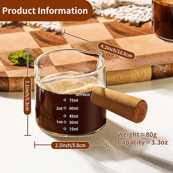 YARRAMATE 2.5 oz/75ML Espresso Cups with Wood Handle, Clear Glass Espresso Accessories, Double Spout Measuring Cup with Dual Scale, Espresso Shot Glass with V-Shaped Spout, Dishwasher Safe