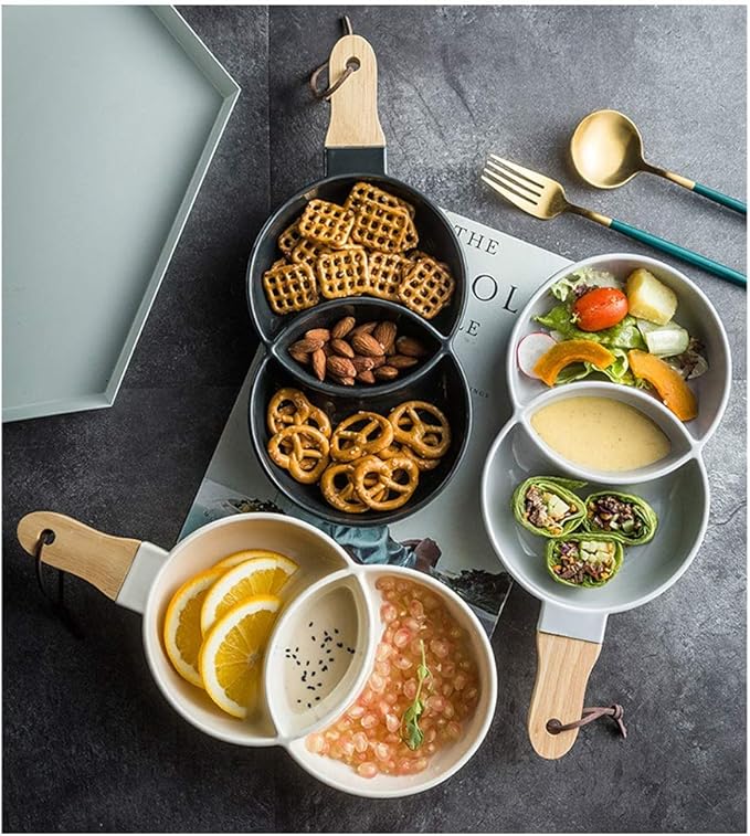 Sauce Dish Ceramic Appetizer Plate, Snack Plate, Seasoning Plate, Tableware, Grid Plate, Salad Plate, Fruit Plate with Handle Dip Bowls