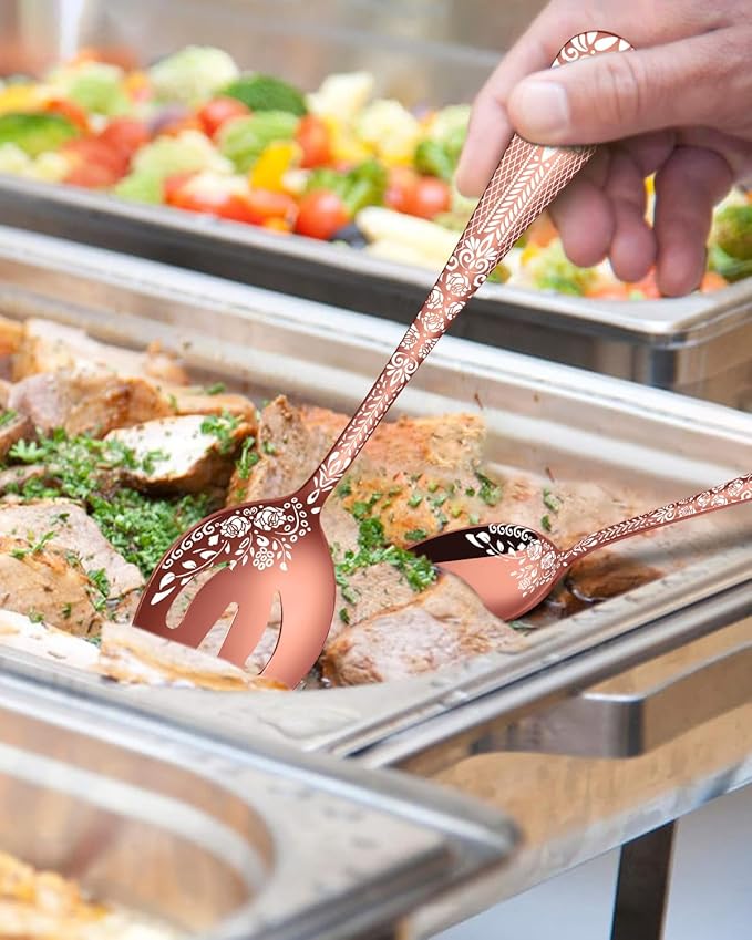EUIRIO Stainless Steel Copper Serving Utensils Large Serving Spoon Set Serving Fork Slotted Spoon Buffer Knife and Sugar Spoon Kitchen Party Supply (Rose Gold,5 Pieces)