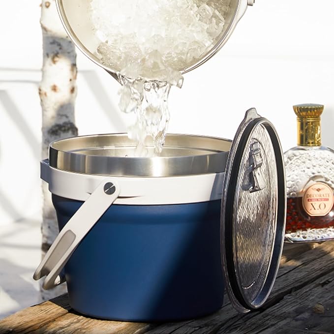 COKTIK 7L Vacuum Insulated Ice Bucket with Lid and Scoop& Tongs,Large capacity Stainless Steel Beverage Bucket for Cocktail, Champagne, Wine, Beer,Large Parties(Dark Blue Suit)