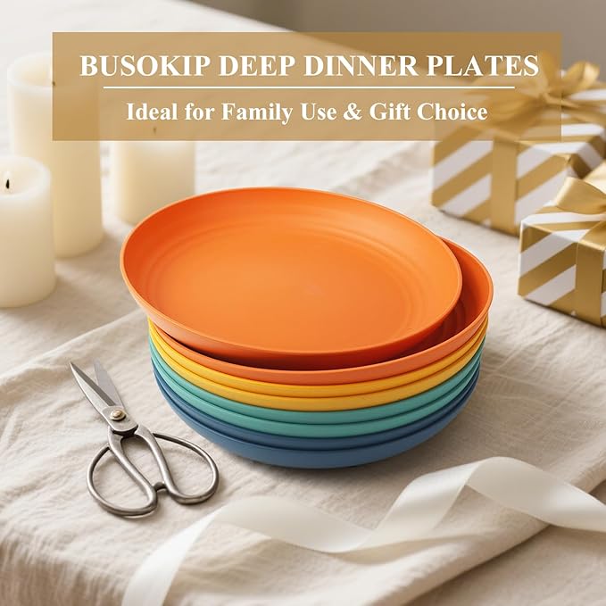 Wheat Straw Plates 10 Inch Deep Dinner Plate Set of 8, Lightweight and Unbreakable Plastic Plates Reusable, Microwave & Dishwasher Safe Kitchen Plate (Multi Colors)
