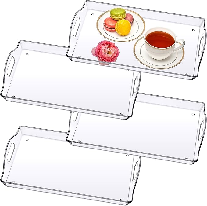 Amazing Abby - Tracia - 4-Pack Acrylic Clear Serving Tray (15" x 10"), Plastic Tray Organizer, Space-Saving with Built-in Handles, Perfect for Coffee Table, Kitchen Counter, and Breakfast in Bed