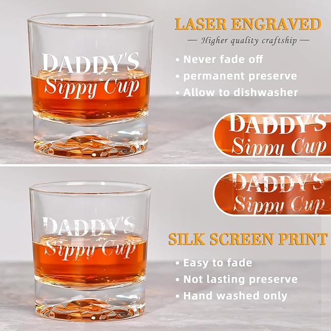 PONPUR Gifts for Dad Men Christmas, Daddy's Sippy Cup Whiskey Glass, Funny Birthday Gag Dad Husband Gifts Ideas from Daughter Son Kids, Stocking Stuffers, Bourbon Scotch Gift for Expecting Father