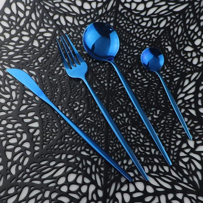 Mirror Polished Blue Silverware Set,24-Piece 304 Stainless Steel Satin Finish Flatware Set,Kitchen Utensil Set,Tableware Cutlery Set for Home and Restaurant, Dishwasher Safe Service For 6