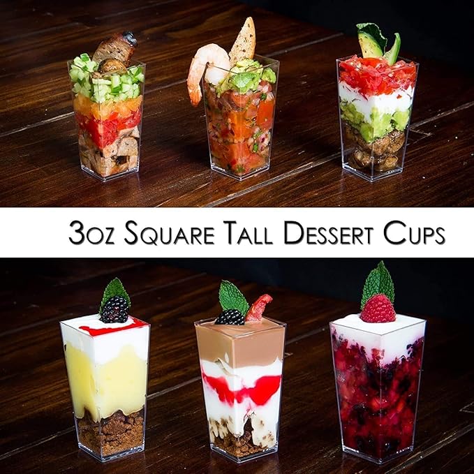 DLux 100 x 3 oz Mini Dessert Cups with Spoons, Square Tall - Clear Plastic Parfait Appetizer Cup - Small Reusable Serving Bowl for Party Desserts Appetizers - with Recipe Ebook