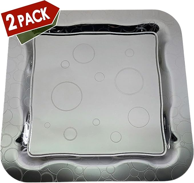 (Pack of 2 18 inch x 18 inch Square Chrome Plated Serving Tray Stylish Line Floral Circle Bubble Engraved Edge Decorative Party Wedding Dessert Buffet Wine Platter Plate TTL-004
