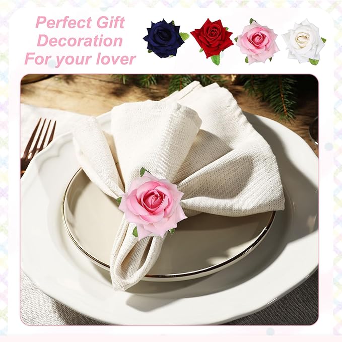 uxcell 4Pcs Flower Napkin Rings, Handmade Rose Napkin Ring Holders Buckles Table Decorations for Christmas Thanksgiving Valentine Decor Wedding Parties, Banquet, Home, Pink