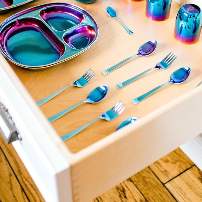 Ahimsa Kids Stainless Steel Utensils, 8 Piece Kid Forks and Spoons Set, Pediatrician Designed Kids Silverware, 100% BPA Free & Dishwasher Safe (Iridescent Blue)