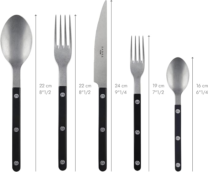 SABRE PARIS - 5-Piece Flatware Set - Bistrot Vintage Collection - Knives, Forks, Soup Spoons, Teaspoons & Dessert Forks - Stainless Steel & Acrylic - Dishwasher Safe - Black - Mat Finish