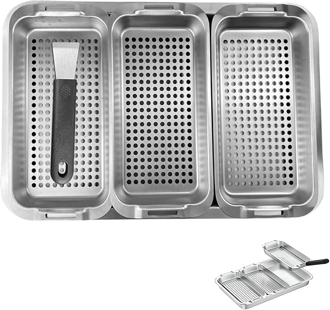 Grill Pans for Outdoor Grill-3 Grilling Baskets|Serving Tray| Clip-on Handle.BBQ Serving Platters with Holes for Grill Fish,Vegetable,Meat and Prep Food Veggie