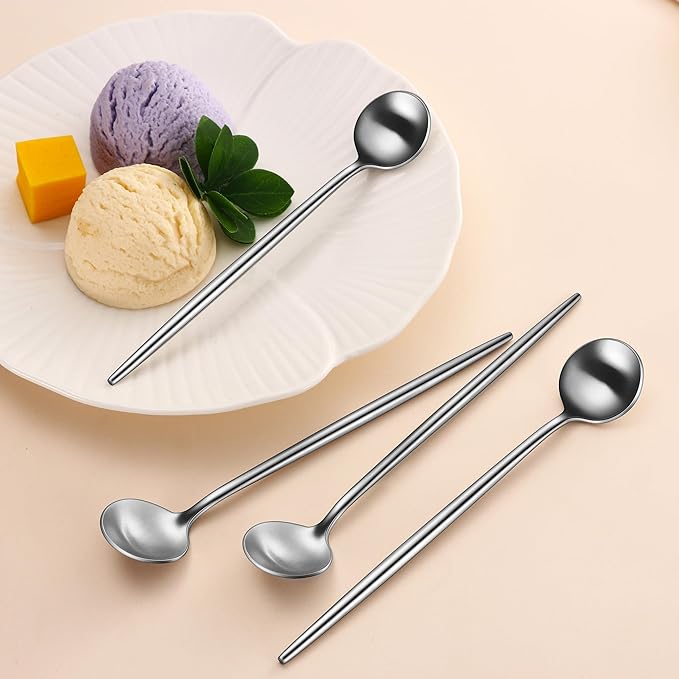 7.95 Inches SS18/10 Long Handle Iced Tea Spoons,Set Of 4 Satin Finishing Stainless Steel Long Spoons For Stirring Cocktail,Ice Cream,Milk,Iced Teaspoons Set