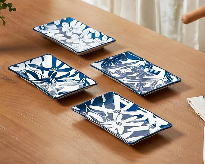ONEMORE Appetizer Plates Set of 4, 7.5 in Small Serving Plates, Porcelain Rectangular Platters for Dessert Salad Sushi, Blue and White Dinner Plates Microwave Oven & Dishwasher Safe, Scratch Resistant
