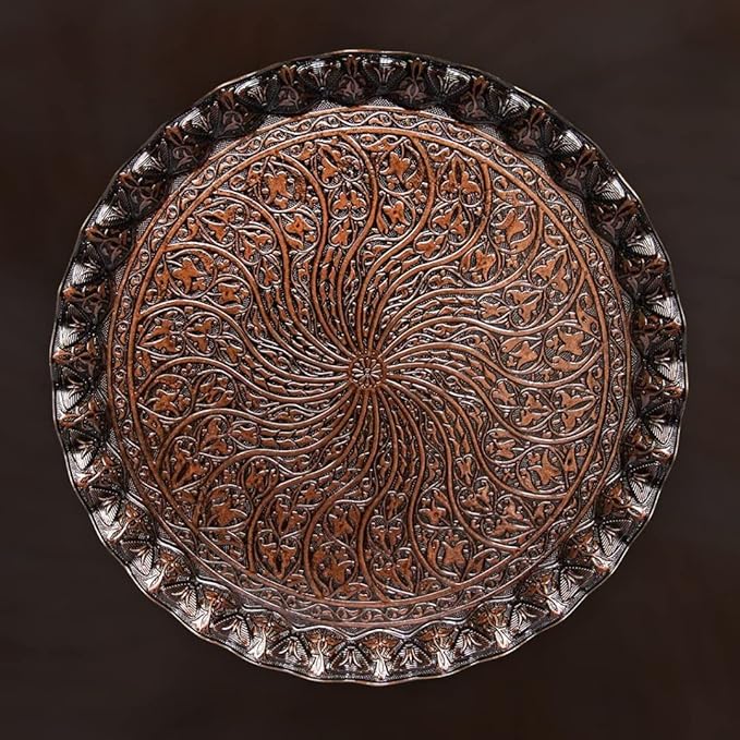 Alisveristime Turkish Ottoman Coffee Tea Serving Tray – 11.8 Inches, Wavy Zamac Tray with Traditional Motifs, Available in Five Color Variations (Copper)
