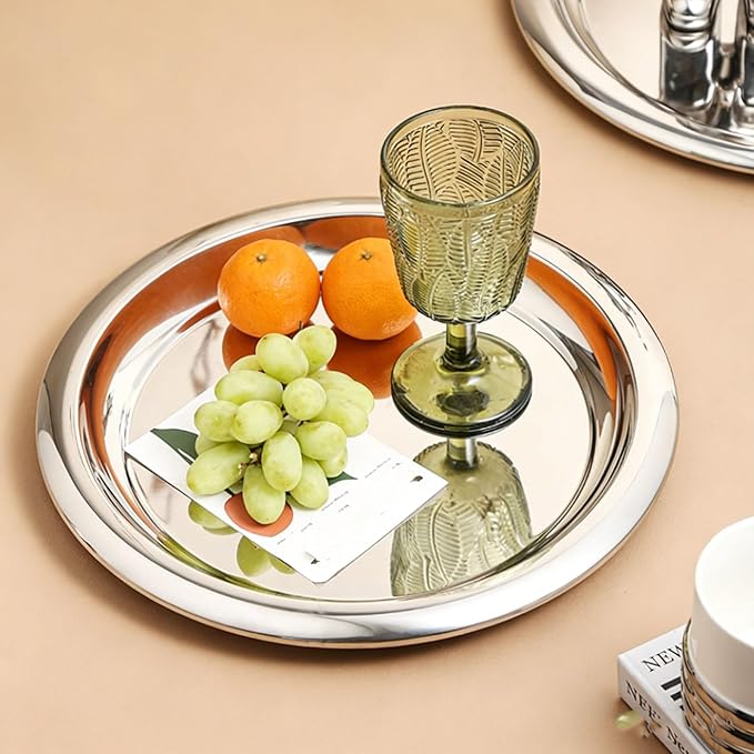 Stainless Steel Round Serving Tray, Serving Platter Mirror Polished Silver Decorative Tray for Coffee Table Party (53mm)